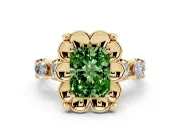 Fancy Green Radiant Cut Diamond Floral Halo Ring Set in Yellow gold with Shared Prong Band
