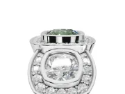 Cushion Cut Three Stone Halo Engagement Ring Setting for a Fancy Green Lab-Grown Diamond | Platinum