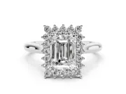Emerald Cut Diamond Halo Ring Set in Platinum with Plain Solitaire Band and Prong Setting