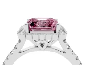 Fancy Pink Asscher Cut Diamond Milgrain Floral Halo Engagement Ring Set in White gold with Pavé Band