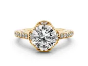 Round Floral Pavé Engagement Ring Setting | Petal Accents | Yellow Gold