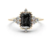 Emerald Cut Vintage Cluster Engagement Ring Setting for a Black Center | Beaded Edges | Yellow Gold