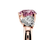 Fancy Pink Heart Cut Diamond Three-Stone Ring Set in Rose gold with Bold Center and Classic Band