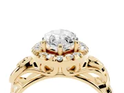 Marquise Cut Diamond Halo Ring Set in Yellow gold with Scrollwork Band and Prong Setting