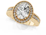 Oval Cut Diamond Halo Ring Set in Yellow gold with Round Accent Halo, Pavé Band and Prong Setting
