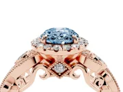 Fancy Blue Oval Cut Diamond Halo Ring Set in Rose gold with Milgrain Pavé Band and Prong Setting