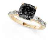 Fancy Black Cushion Cut Diamond Solitaire Set in Yellow gold with Side Baguettes and Channel Set Band