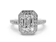 Emerald Cut Diamond Halo Pavé Engagement Ring Set in Platinum with Bezel Setting