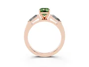 Fancy Green Emerald Cut Diamond Solitaire Ring Set in Rose gold with Tapered Baguette Side Stones and Prong Setting
