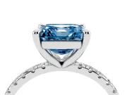 Fancy Blue Asscher Cut Diamond Brilliant Solitaire Ring Set in Silver with Pavé Band and Prong Setting