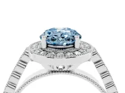 Fancy Blue Oval Cut Diamond Milgrain Halo Solitaire Ring Set in White gold with Bezel Set Side Stones and Pavé Band