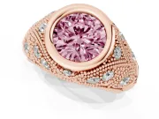 Fancy Pink Round Cut Diamond Bezel Ring Set in Rose gold with Milgrain Accent Band