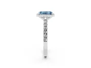 Fancy Blue Emerald Cut Diamond Halo Engagement Ring Set in White gold with Pavé Band and Prong Setting