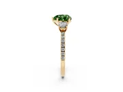 Fancy Green Heart Cut Diamond Three-Stone Ring Set in Yellow gold with Pavé Band and Graduated Sides