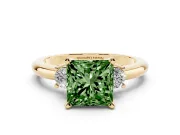 Fancy Green Three-Stone Princess Cut Diamond Ring Set in Yellow gold with Prong Setting and Plain Band