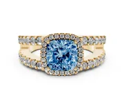 Fancy Blue Cushion Cut Diamond Halo Ring Set in Yellow gold with Pavé Split Shank and Prong Setting
