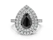 Fancy Black Pear-Shaped Lab-Grown Diamond Double Halo Statement Ring Set in Sterling Silver with Pavé Band