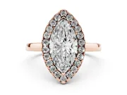 Marquise Cut Diamond Halo Solitaire Ring Set in Rose gold with Pavé Band and Prong Setting