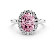 Fancy Pink Oval Cut Halo Round Diamond Solitaire Ring Set in Platinum with Pavé Band and Prong Setting