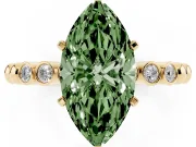 Fancy Green Marquise Cut Diamond Solitaire Engagement Ring Set in Yellow gold with Bezel Accents on Beaded Band