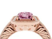 Fancy Pink Radiant Cut Diamond Halo Ring Set in Rose gold with Round Accent Halo, Pavé Band and Prong Setting