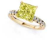 Fancy Yellow Princess Cut Diamond Solitaire Pavé Engagement Ring Set in Yellow gold with Round Band and Prong Setting