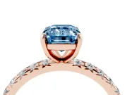 Fancy Blue Emerald Cut Diamond Pavé Solitaire Ring Set in Rose gold with Round Band and Prong Setting