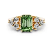 Fancy Green Emerald Cut Diamond Solitaire Ring Set in Yellow gold with Cluster Accents on Each Side