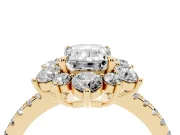 Emerald Cut Diamond Floral Halo Ring Set in Yellow gold with Round Pavé Band and Prong Setting