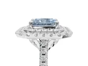 Fancy Blue Radiant Cut Lab-Grown Diamond Double Halo Statement Ring Set in Platinum with Pavé Band