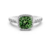 Fancy Green Cushion Cut Diamond Halo Engagement Ring Set in Silver with Pavé Band and Prong Setting