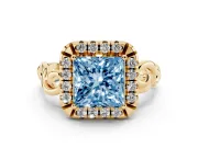 Fancy Blue Princess Cut Diamond Halo Ring Set in Yellow gold with Scrollwork Band and Prong Setting