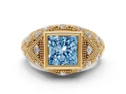 Fancy Blue Princess Cut Diamond Bezel Ring Set in Yellow gold with Milgrain Accent Band