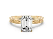 Emerald Cut Diamond Solitaire Milgrain Engraved Band Set in Yellow gold with Prong Setting