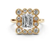 Emerald Cut Vintage Milgrain Bezel Cluster Halo Engagement Ring Setting | Plain Band | Yellow Gold