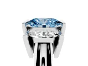 Fancy Blue Oval Cut Diamond Three-Stone Channel Set Ring Set in Platinum with Smooth Polished Band