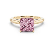 Fancy Pink Princess Cut Diamond Solitaire Ring Set in Yellow gold with Cathedral Band and Prong Setting