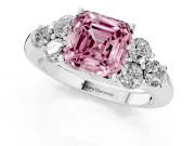 Fancy Pink Asscher Cut Diamond Cluster Ring Set in Platinum with Round Accent Stones and Prong Setting on a Plain Band