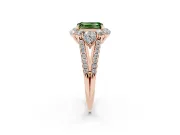 Fancy Green Emerald Cut Diamond Halo Split Shank Engagement Ring Set in Rose gold with Prong-Held Center Stone