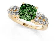 Fancy Green Cushion Cut Diamond Cluster Engagement Ring Set in Yellow gold with Pavé Band and Prong Setting