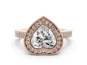 Heart Cut Diamond Halo Ring Set in Rose gold with Pavé Band and Milgrain-Edged Prongs