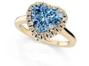 Fancy Blue Heart Cut Halo Round Diamond Solitaire Ring Set in Yellow gold with Pavé Band and Prong Setting