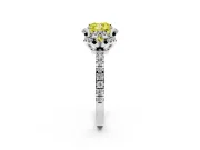 Fancy Yellow Cushion Cut Diamond Halo Pavé Band Ring Set in Platinum with Prong-Held Center