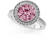 Fancy Pink Round Cut Diamond Halo Engagement Ring Set in Silver with Pavé Band and Round Halo Stones