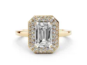 Emerald Cut Pave Halo Engagement Ring Setting | Slim Plain Band | Yellow Gold
