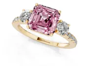 Asscher Cut Three Stone Engagement Ring Setting for a Fancy Pink Lab-Grown Diamond | Pave Shoulders | Yellow Gold