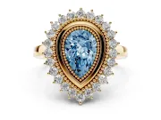 Fancy Blue Pear Cut Diamond Halo Ring Set in Yellow gold with Milgrain Edge and Round Prong Setting