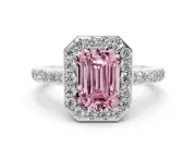 Fancy Pink Emerald Cut Diamond Halo Ring Set in Silver with Pavé-Setting Band and Open Prong Center