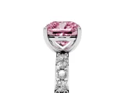 Fancy Pink Cushion Cut Diamond Solitaire Set in White gold with Round Pavé Band and Prong Setting
