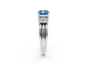 Fancy Blue Three-Stone Cushion Cut Diamond Channel Set Ring Set in White gold with Bar Prongs
